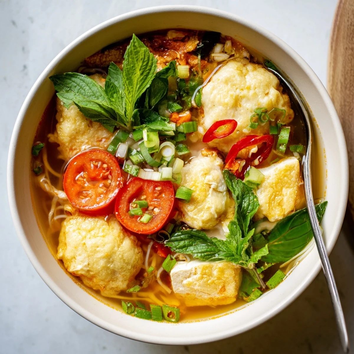 Homemade Vietnamese crab noodle soup bowl topped with perilla, cilantro, lime wedges, sliced chilies, and crispy shallots for authentic flavor