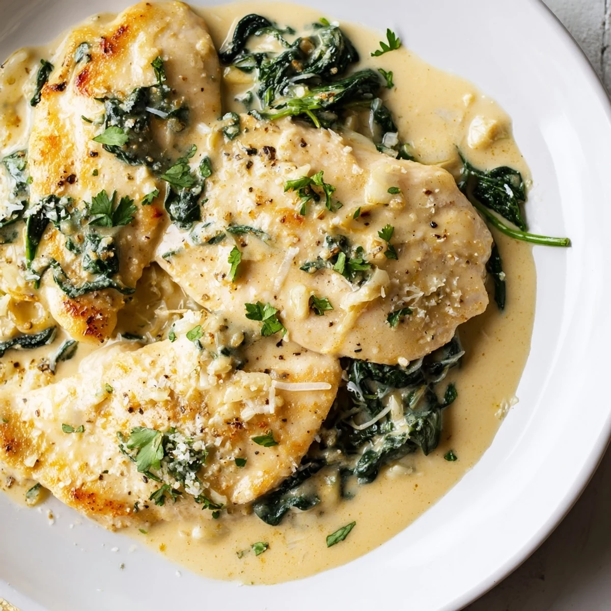 Golden brown chicken breasts nestled in a rich creamy parmesan chicken skillet sauce with wilted spinach