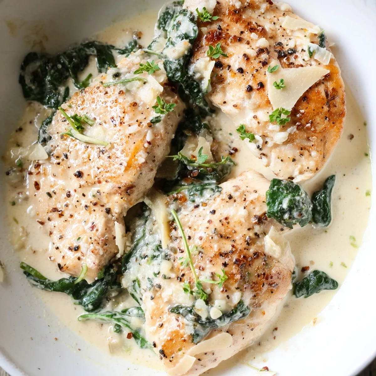 Savory creamy parmesan chicken skillet featuring tender meat simmered in garlic parmesan sauce with fresh herbs