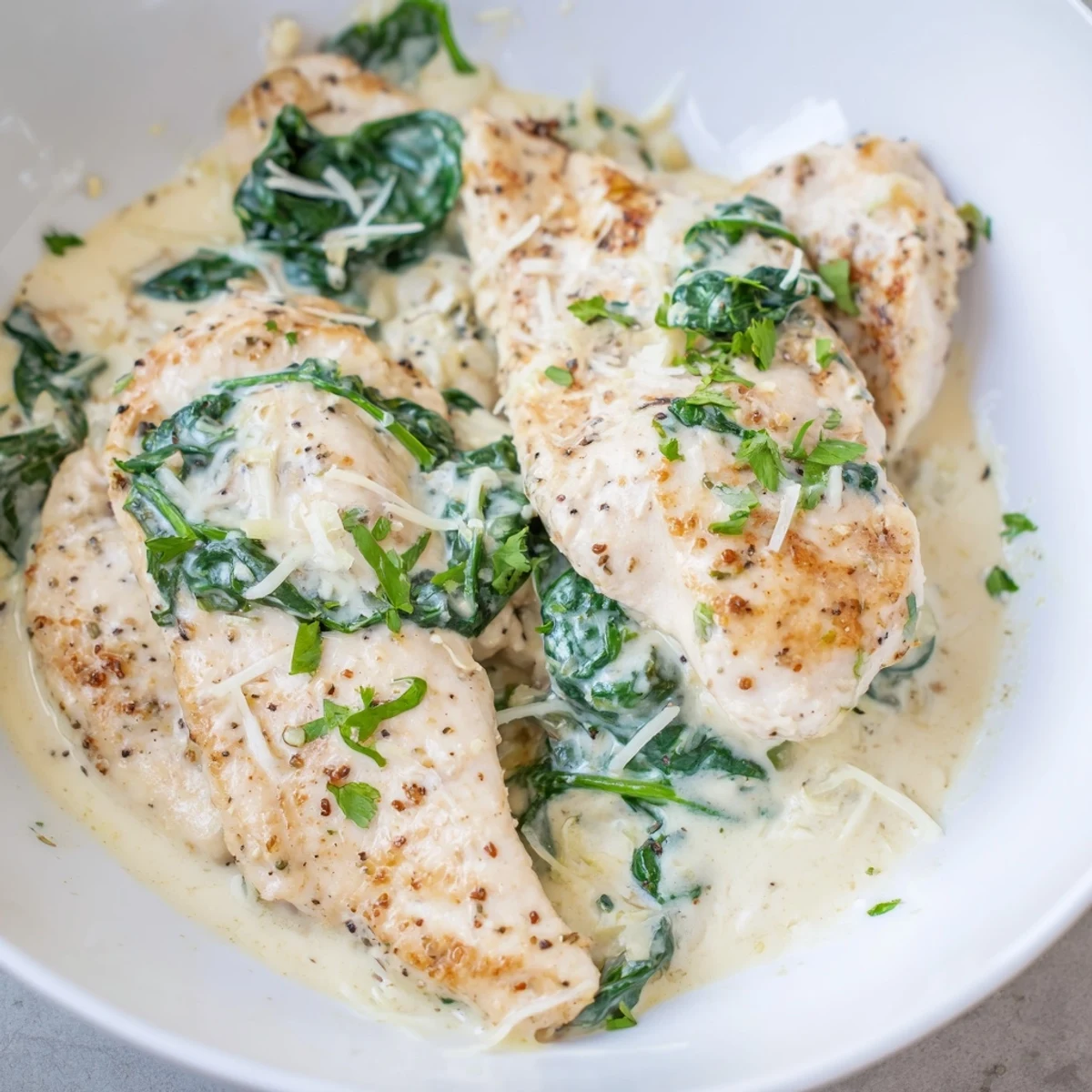 Homemade creamy parmesan chicken skillet served in a cast iron skillet topped with parmesan and parsley