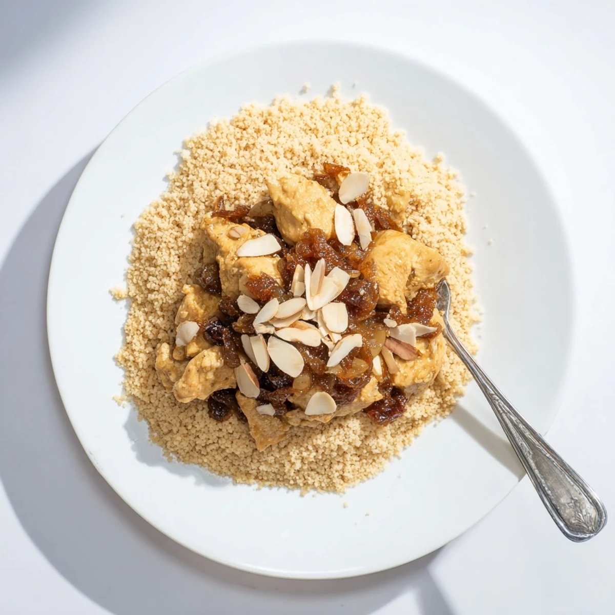 Golden Moroccan couscous topped with caramelized onions, raisins, and toasted almonds