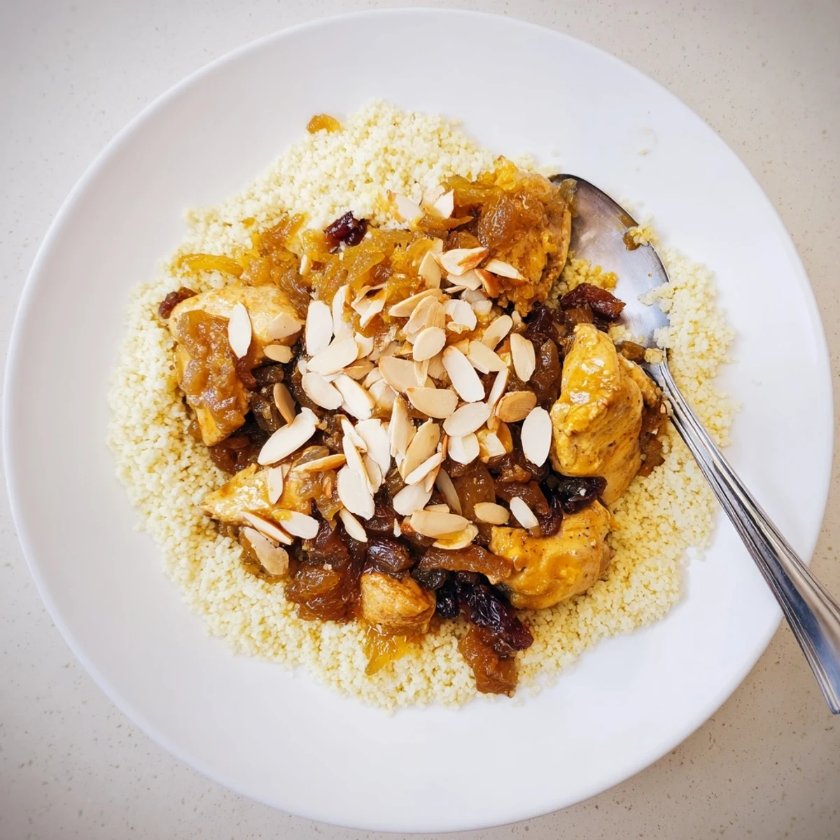 Fluffy couscous steamed with sweet tfaya onions and tender spiced chicken pieces