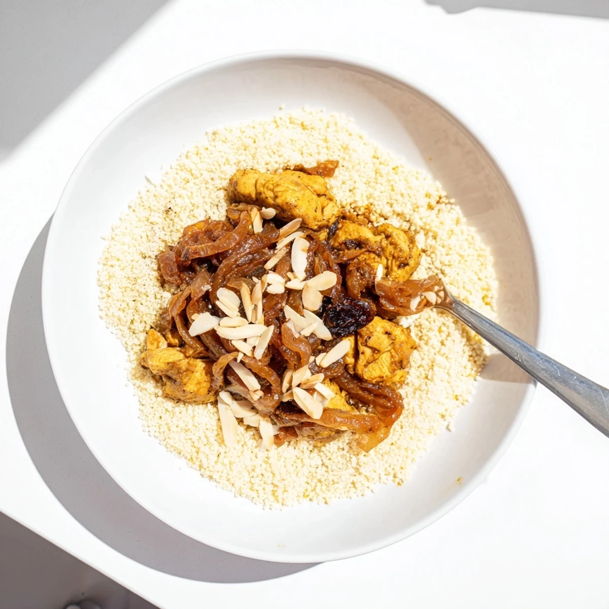 Festive Moroccan couscous platter mounded with honey glazed raisins and golden slivered almonds