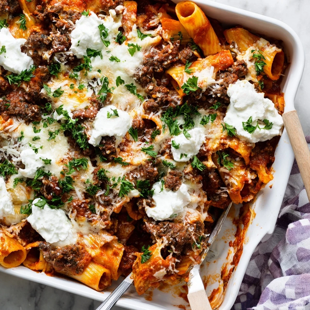 Golden baked rigatoni casserole with bubbling mozzarella and savory ground beef marinara