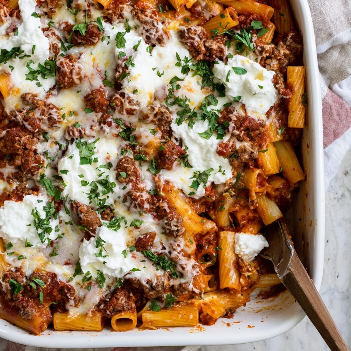 Rustic Italian-American pasta dish featuring rigatoni, browned beef, and melted three-cheese topping