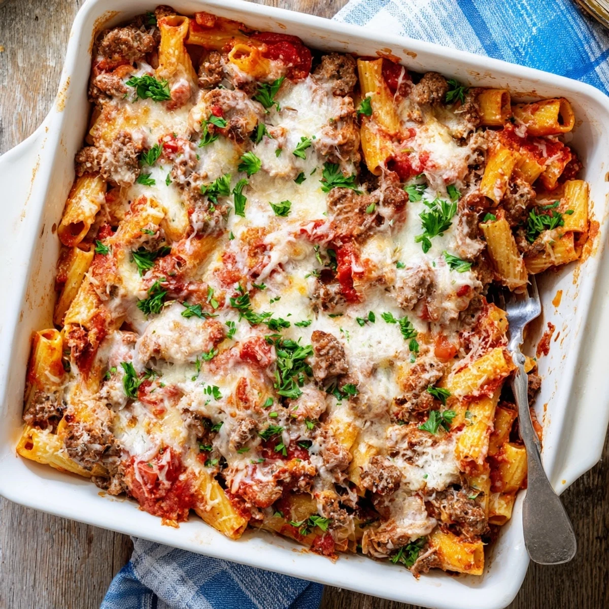 Family-friendly weeknight dinner of cheesy ground beef rigatoni baked until bubbly and golden