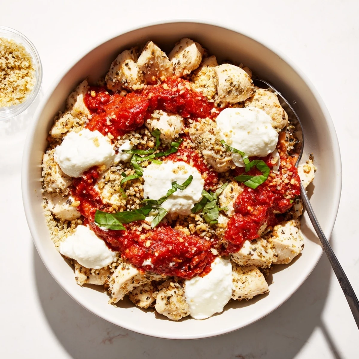 Golden chicken parmesan bowl layered with marinara melted mozzarella and fluffy cottage cheese