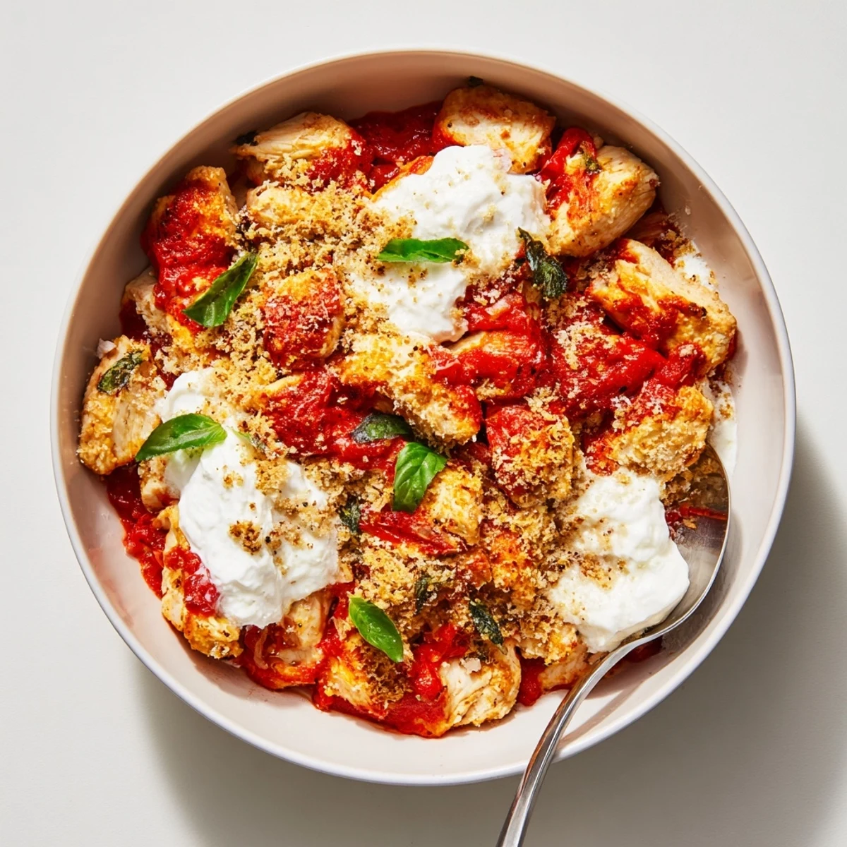 High protein chicken parm cottage cheese bowl topped with crispy toasted panko breadcrumbs