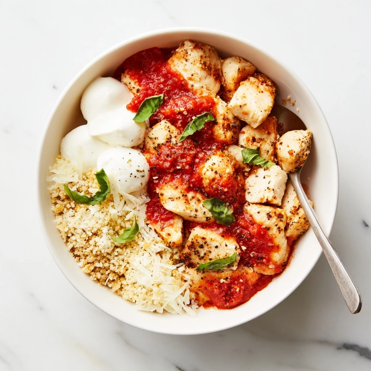 Savory chicken parmesan cottage cheese bowl bubbling with melted cheese and fresh basil garnish