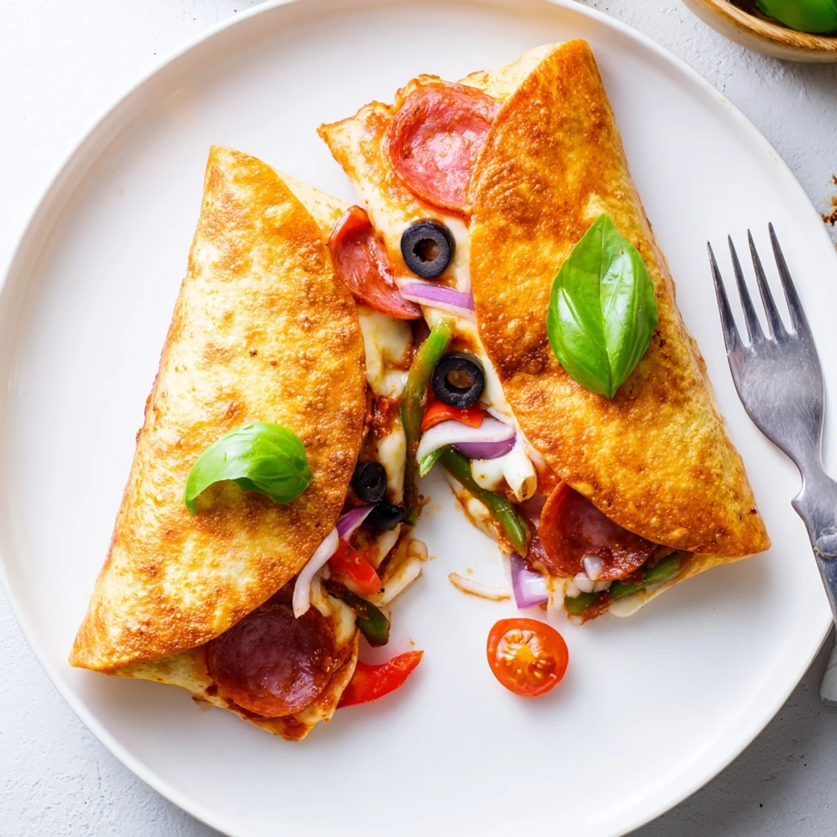 Golden crispy pizza burritos oozing melted mozzarella and pepperoni fresh from the oven