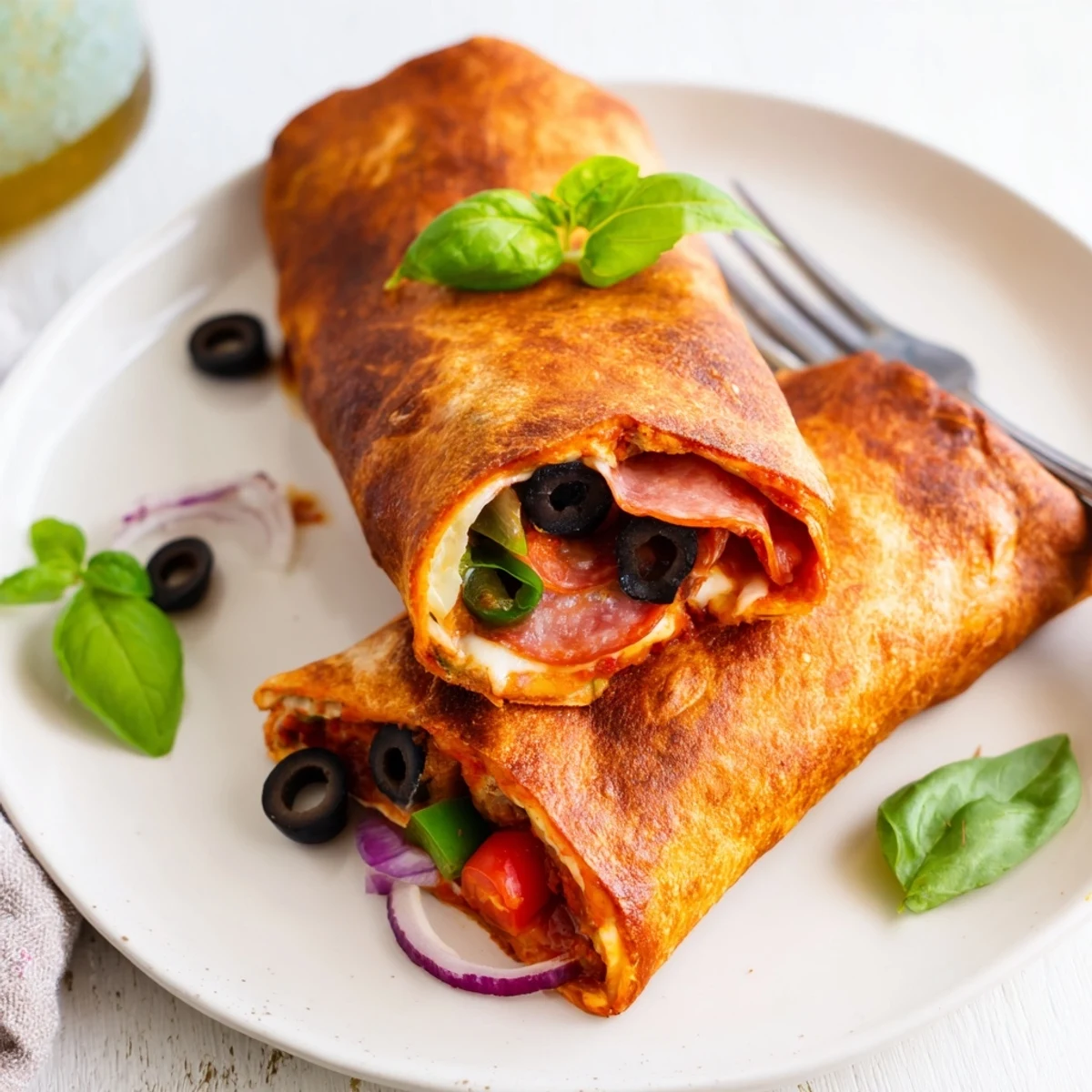 Baked pizza burritos sprinkled with Parmesan and fresh basil on a wooden board