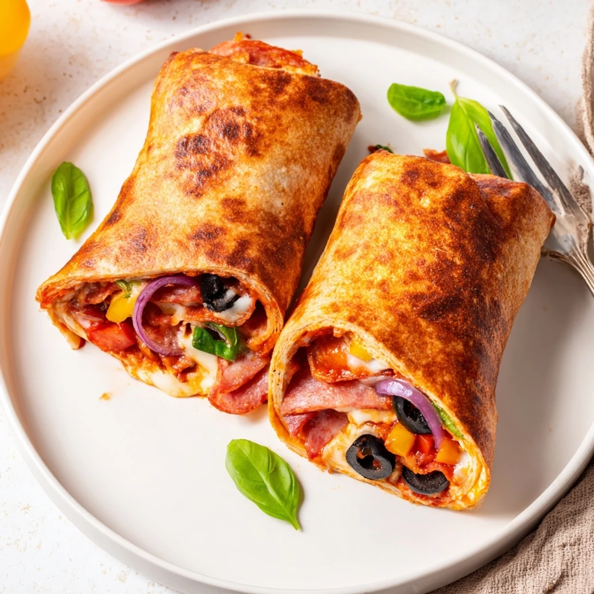 Air fryer pizza burritos sliced open revealing cheesy vegetable filling and pizza sauce