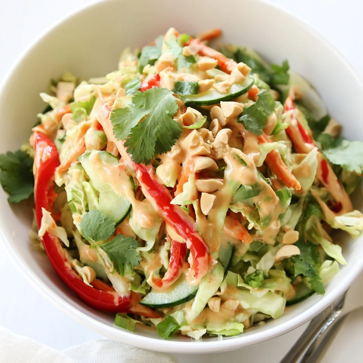 Simple Thai salad peanut sauce drizzled over crunchy colorful vegetables in a white bowl
