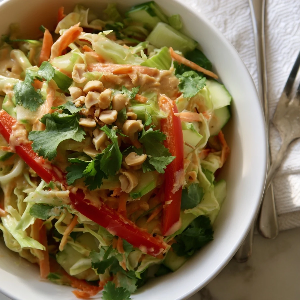 Vibrant Thai salad with peanut sauce featuring cabbage carrots cucumber and cilantro garnish