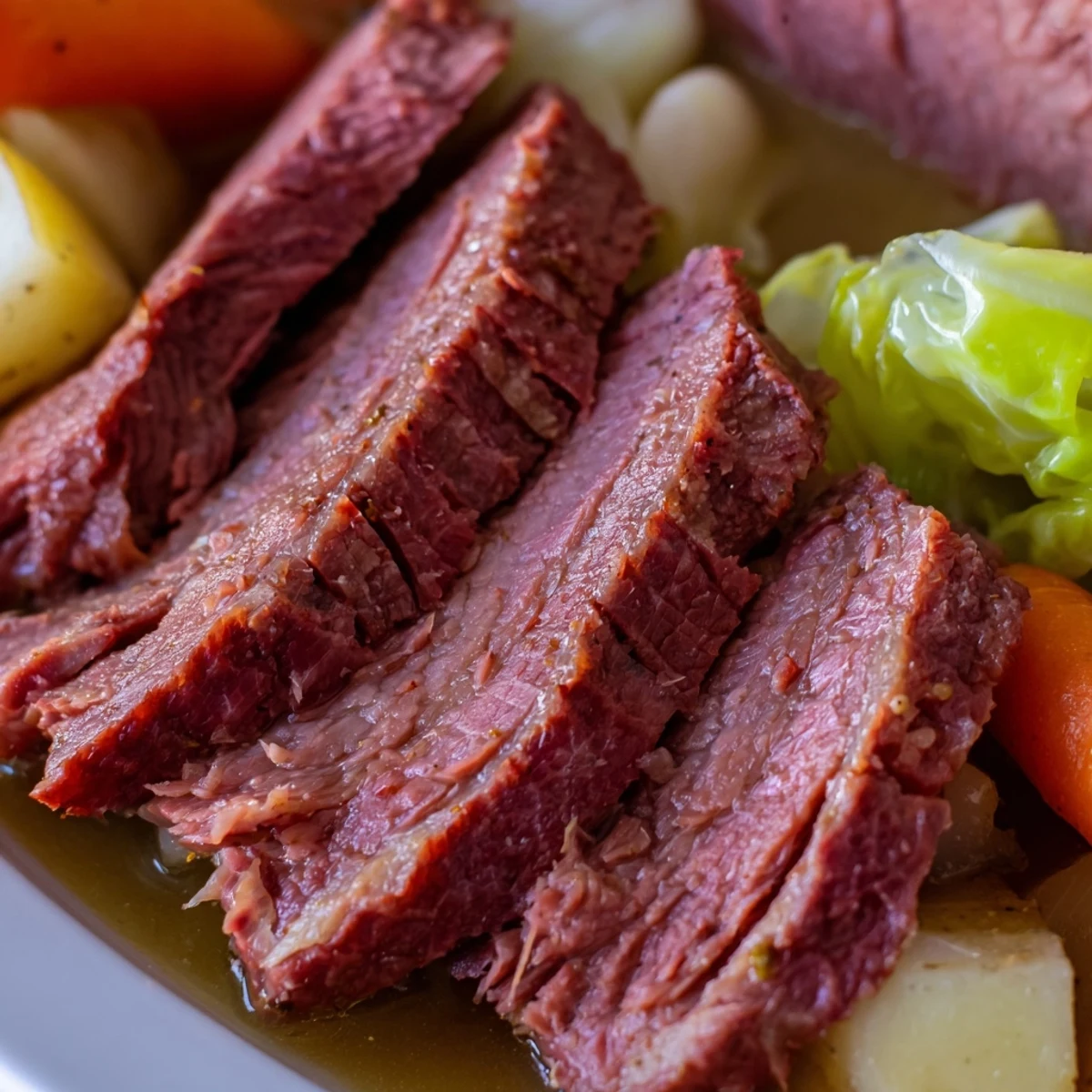 Golden slow cooker corned beef cabbage with tender carrots potatoes and onion wedges