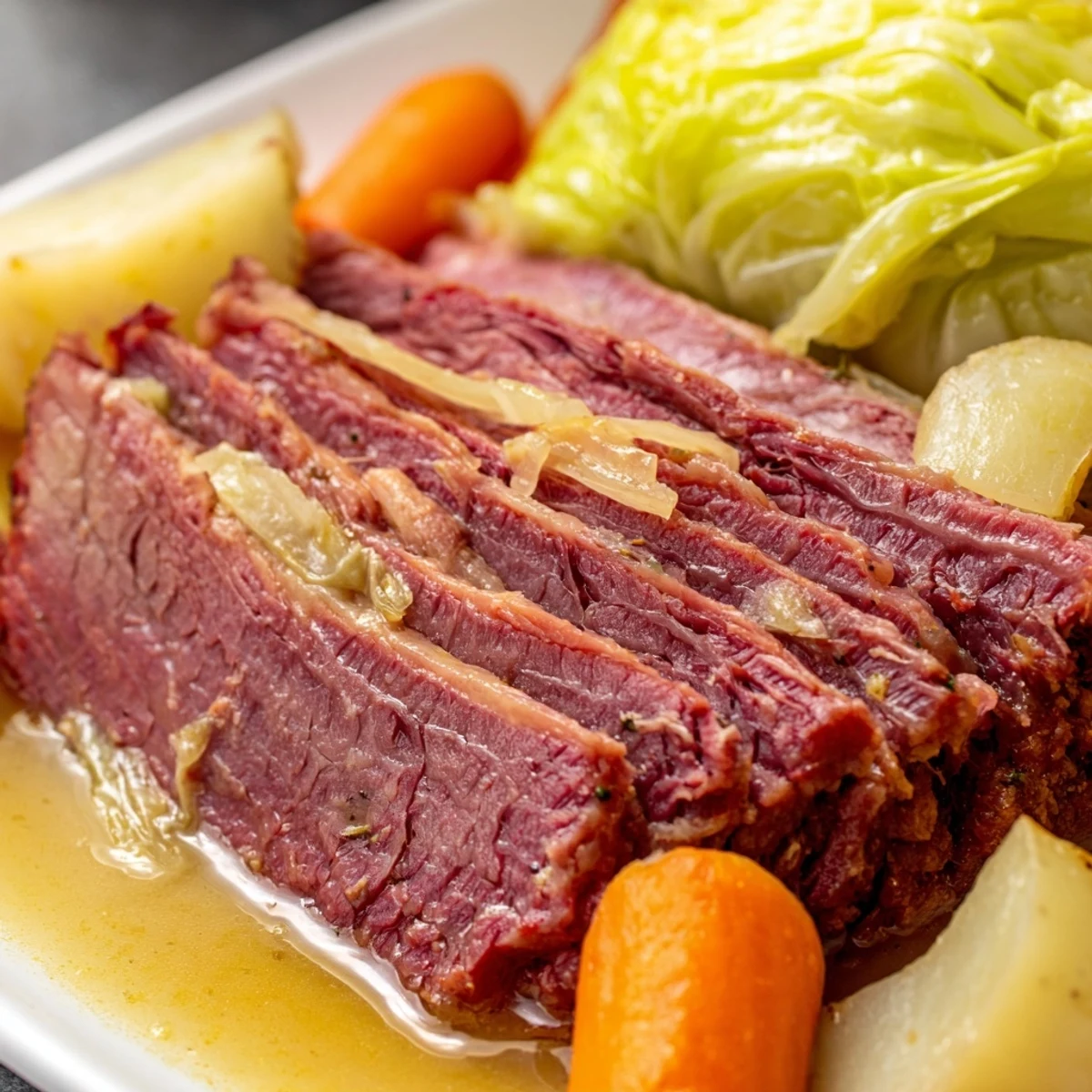Sliced corned beef brisket served alongside cooked cabbage and hearty root vegetables in broth