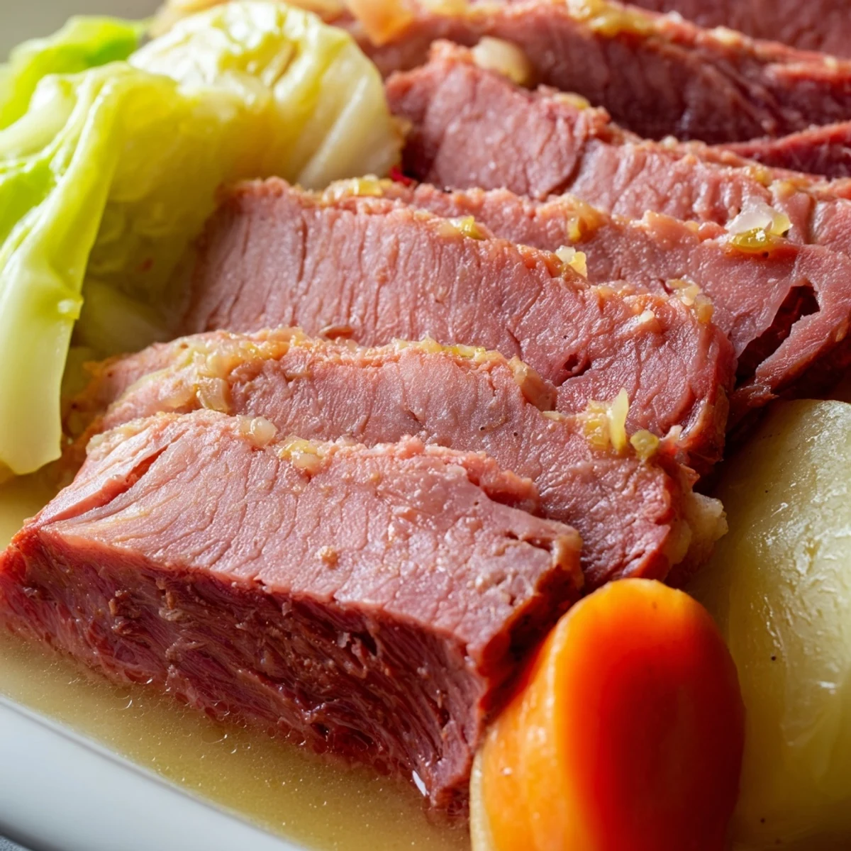 Hearty corned beef and cabbage slow cooked with colorful vegetables in a rich broth