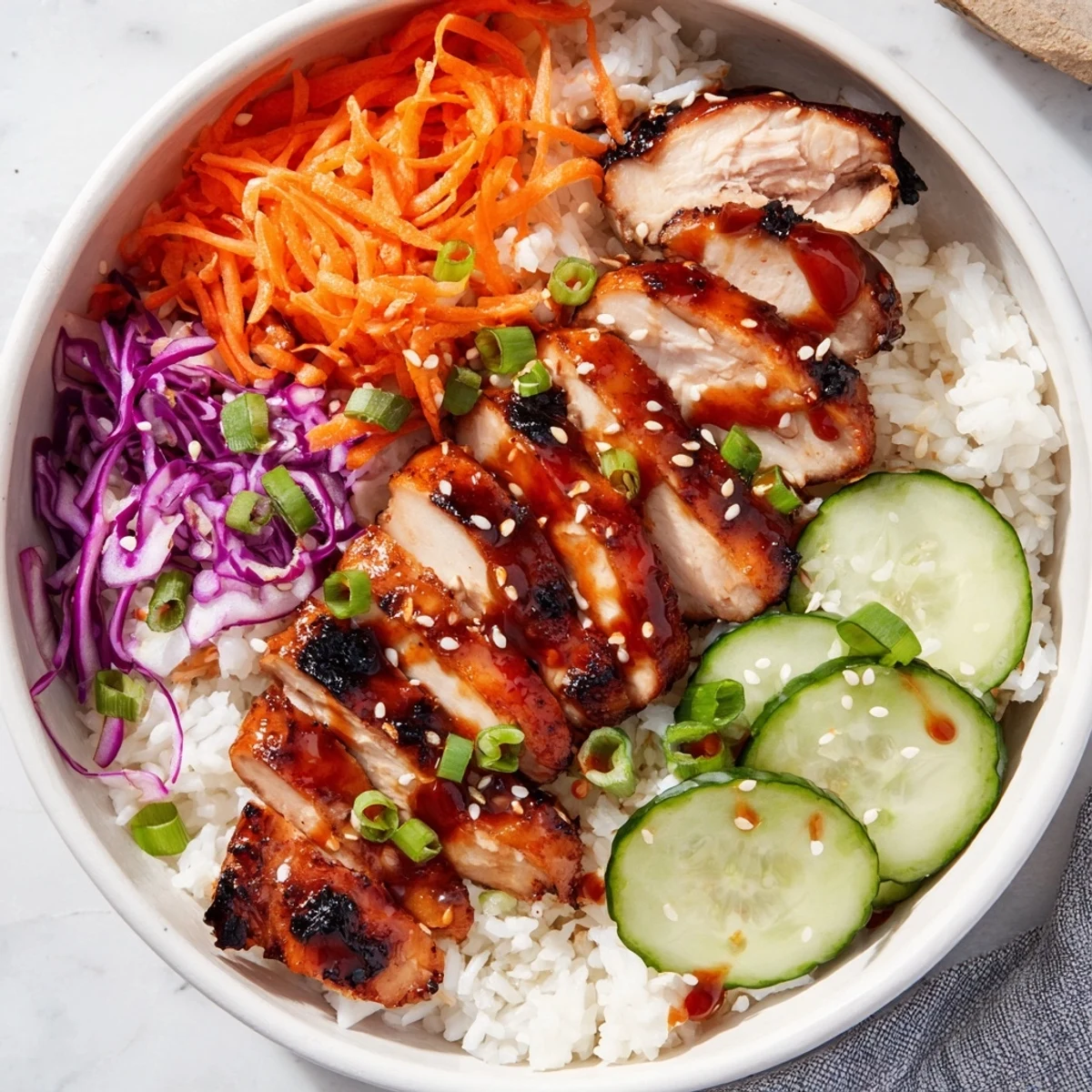 Korean BBQ chicken bowl with charred grilled thighs atop fluffy rice with colorful fresh vegetables