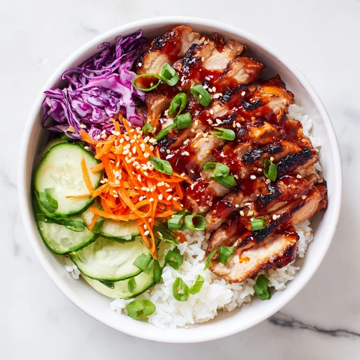 Savory Korean BBQ chicken bowl arranged with glazed sliced chicken, purple cabbage, carrots, and cucumber over steamed rice
