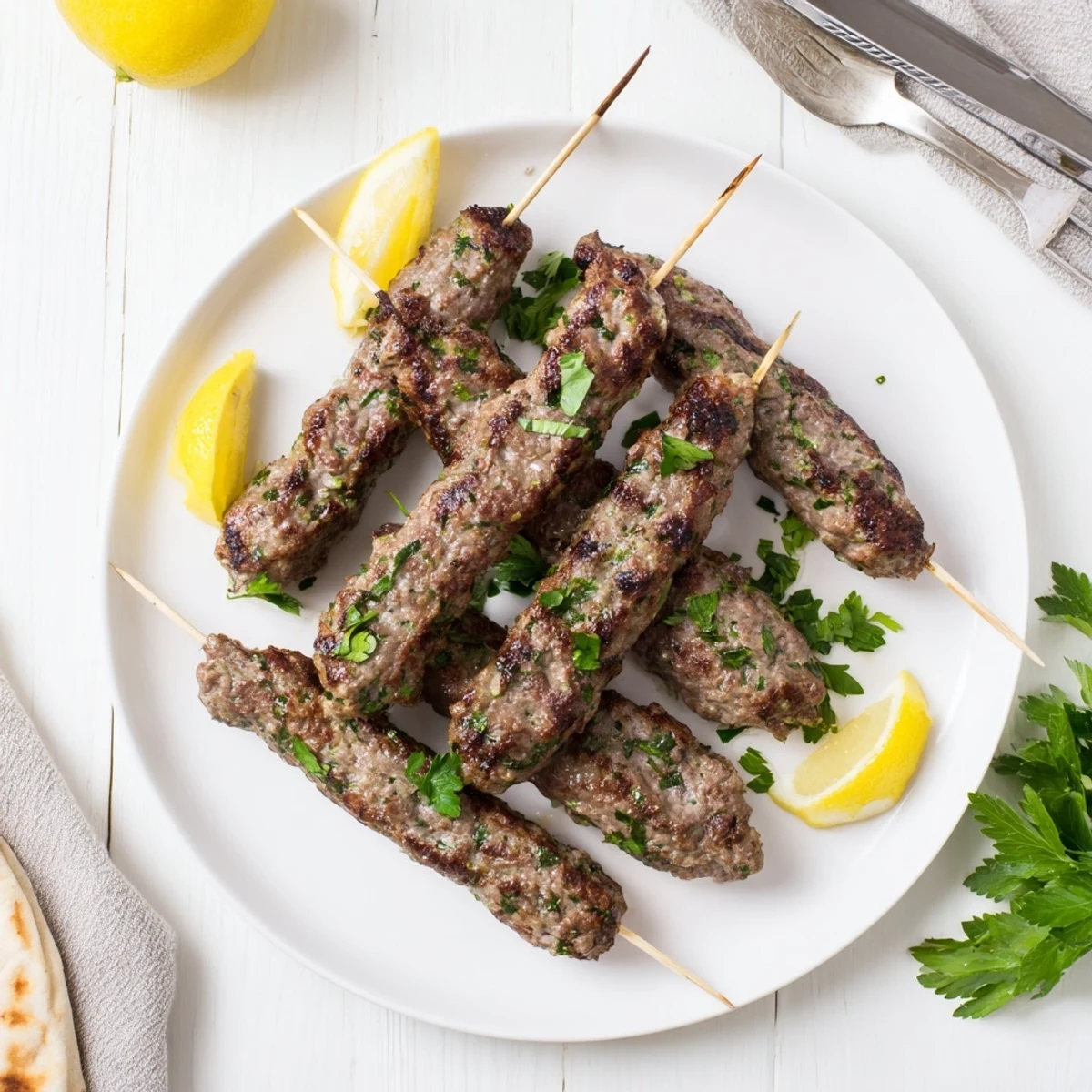 Golden grilled Lebanese kafta kebabs on skewers with fresh herbs and lemon wedges