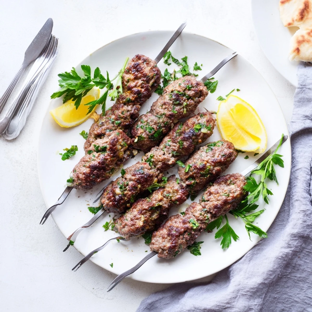 Juicy spiced lamb kafta patties served with warm pita bread and creamy tahini sauce