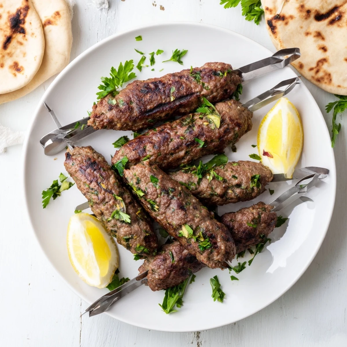 Homemade Lebanese kafta recipe featuring aromatic ground meat skewers garnished with chopped parsley