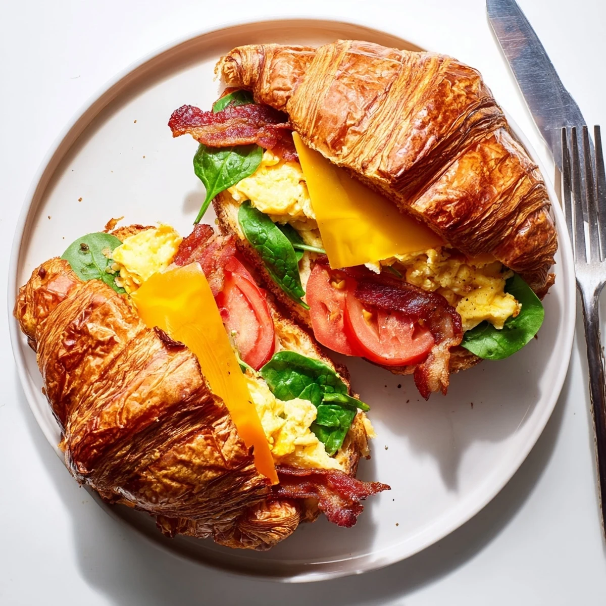 Savory croissant breakfast sandwiches with fluffy eggs, bacon, fresh tomato slices, and melty cheese ready for morning enjoyment
