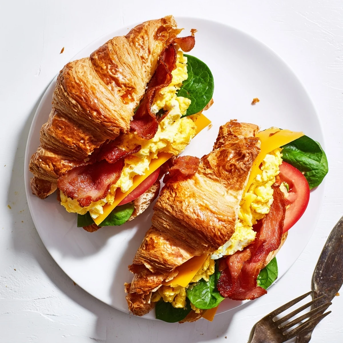 Handheld croissant breakfast sandwiches revealing layers of eggs, bacon, spinach, and gooey cheese inside buttery pastry