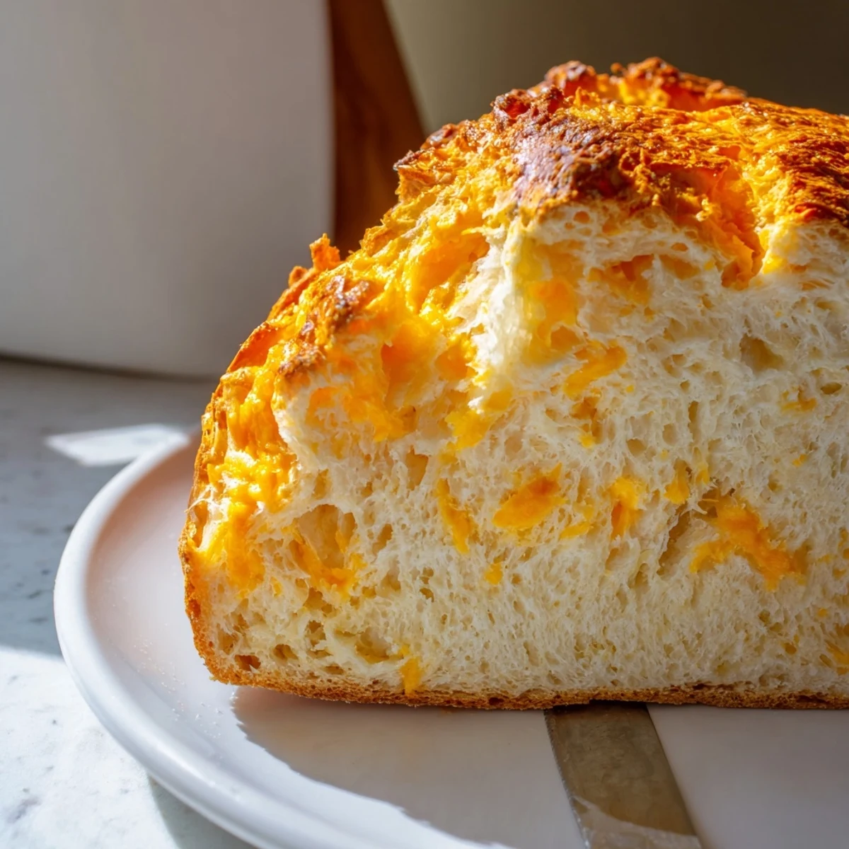 Golden no knead cheddar bread with a crisp crust and melted cheese strands throughout