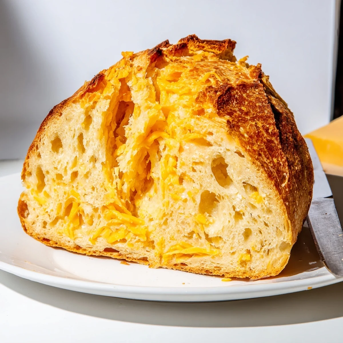 Rustic homemade cheddar bread loaf featuring a deep golden crust and tender cheesy crumb