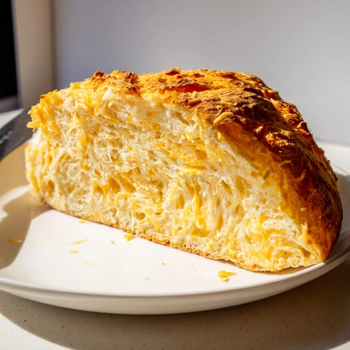 Freshly sliced no knead cheddar bread displaying soft interior and sharp cheddar pockets