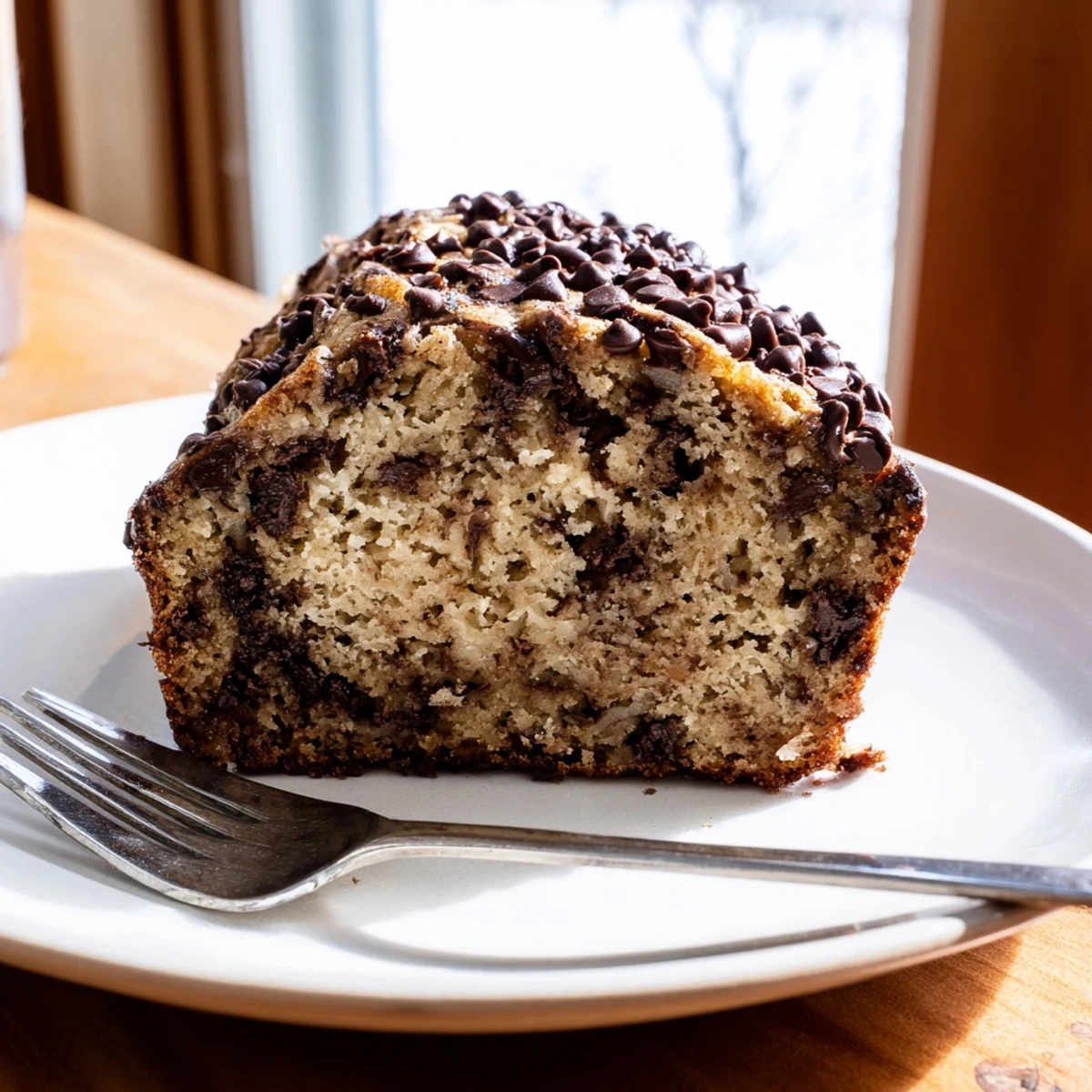 Golden brown chocolate chip banana bread loaf with melted chocolate chips on top