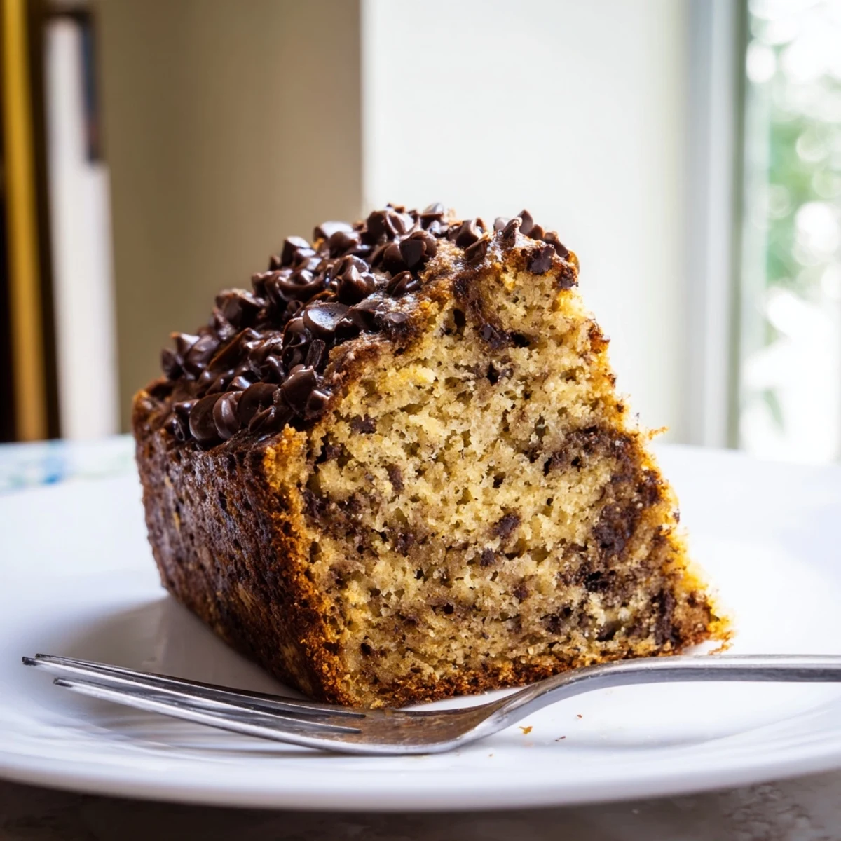 Slice of moist chocolate chip banana bread served on a white plate