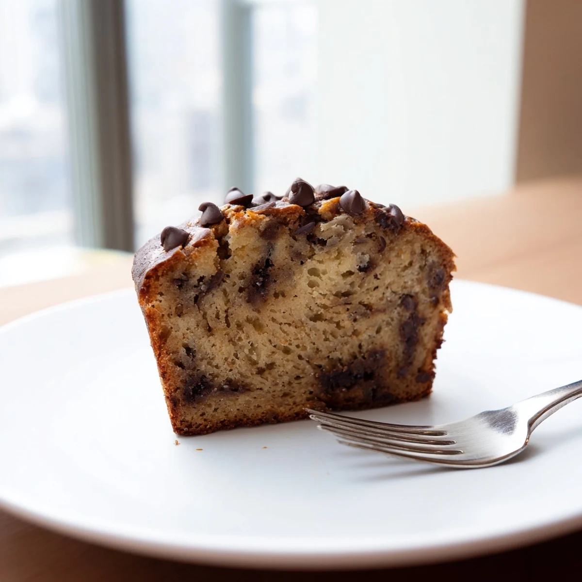 Freshly baked chocolate chip banana bread cooling on wire rack with visible chunks