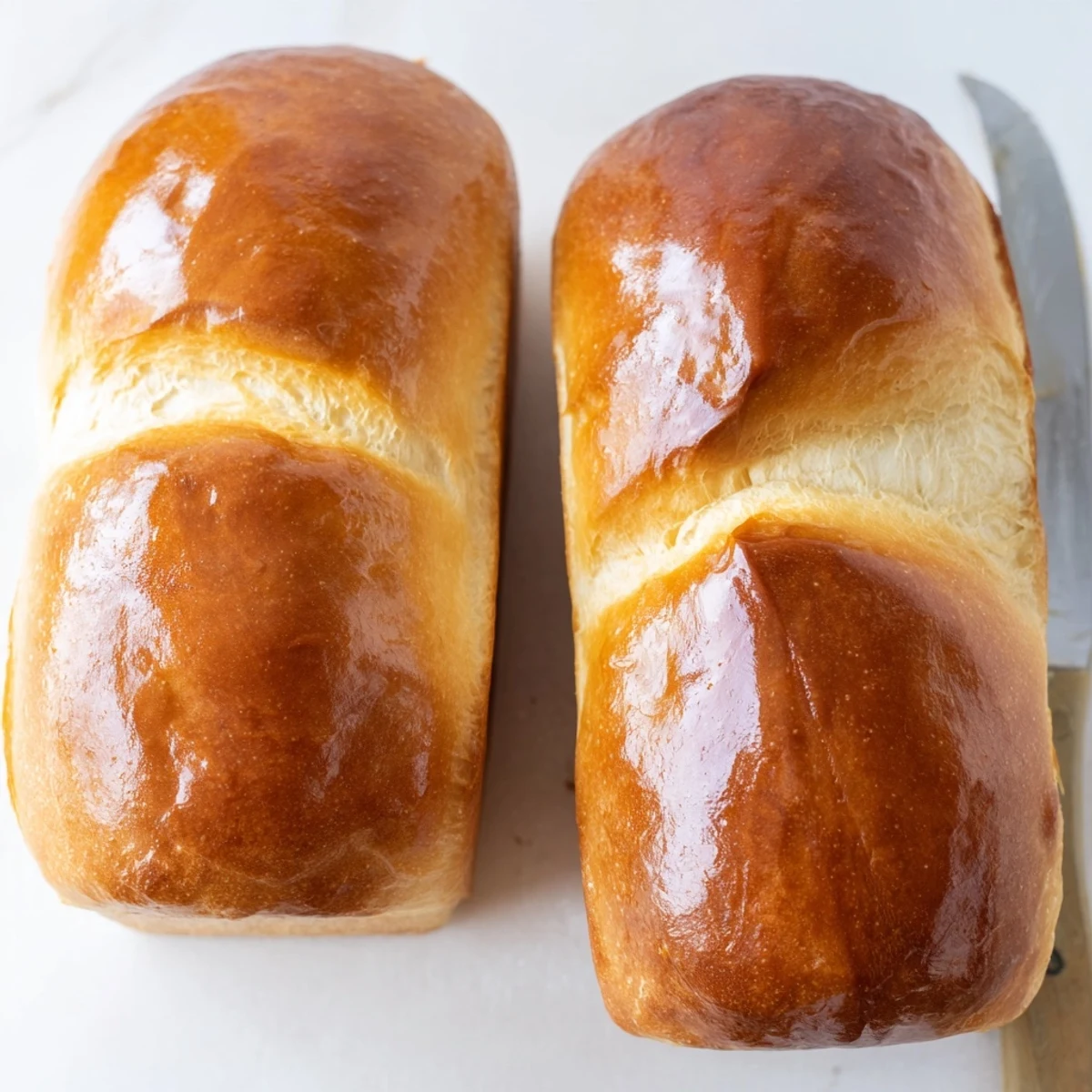 Golden brown homemade Amish white bread loaf with soft interior brushed with melted butter