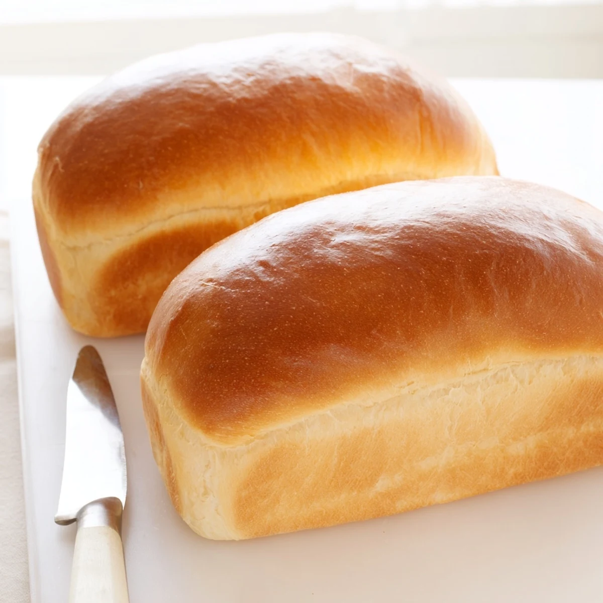 Two freshly baked loaves of Amish white bread cooling on wire rack ready for slicing