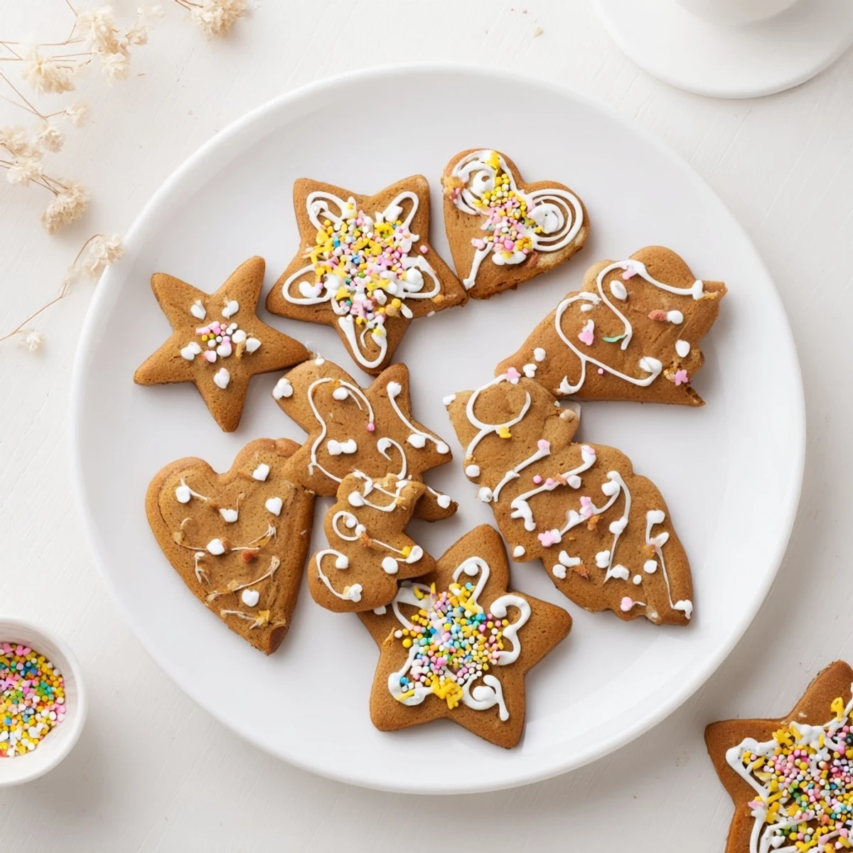 Festive cut out gingerbread cookies arranged on a baking sheet with intricate royal icing designs