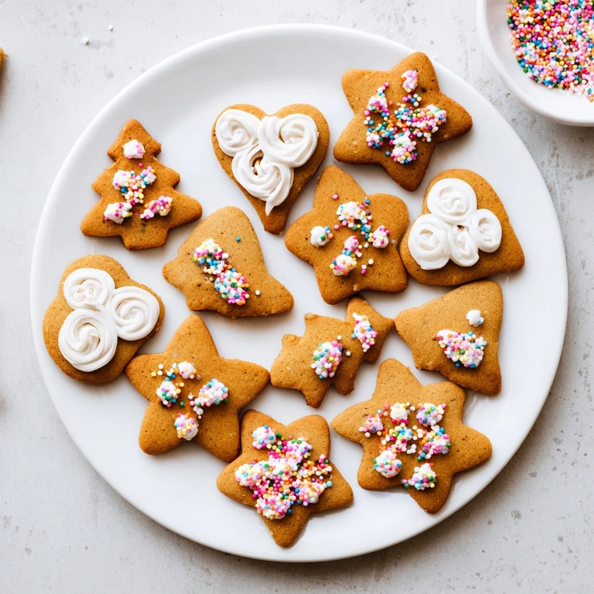 Soft golden gingerbread cookies decorated with white icing and colorful sprinkles on a wooden board