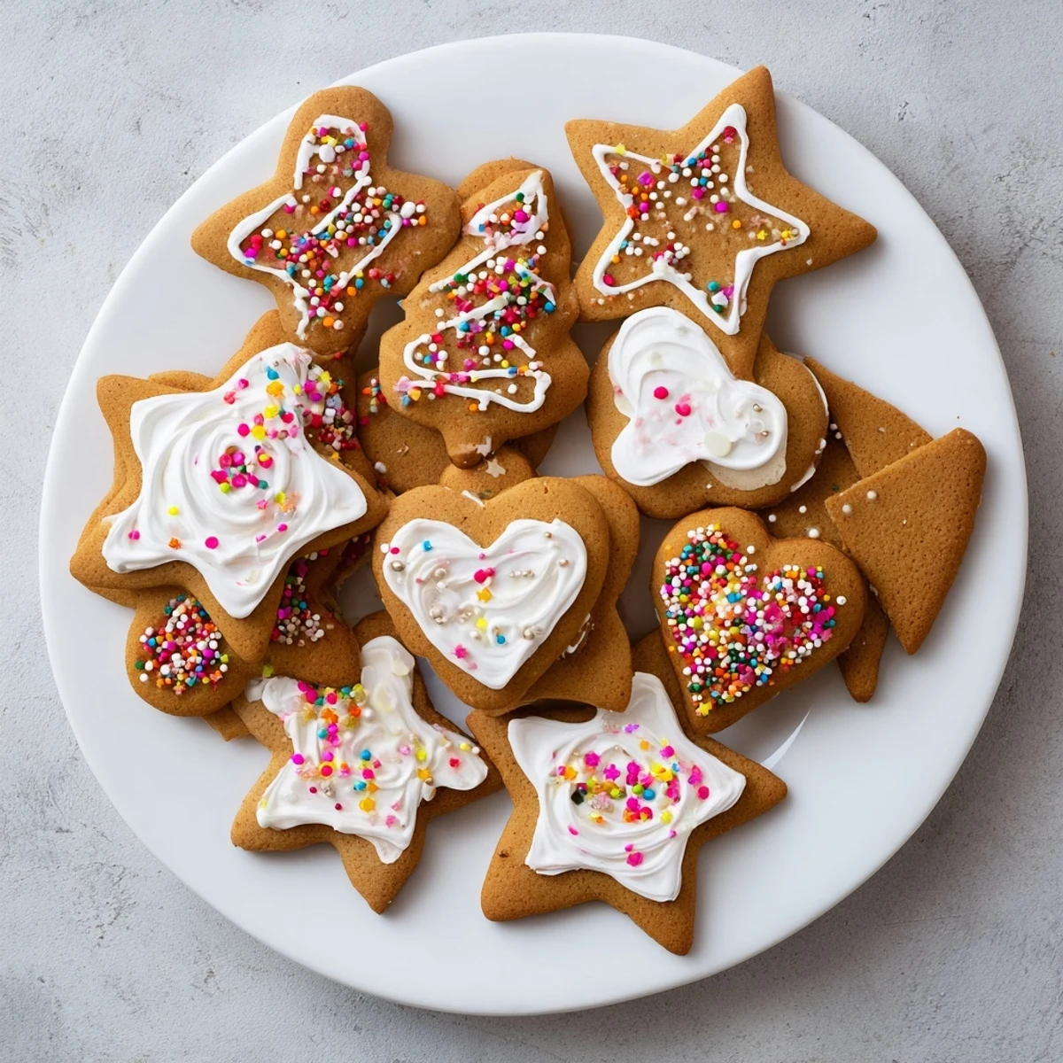 Homemade gingerbread cookies shaped like stars and hearts with piped icing and edible pearl decorations