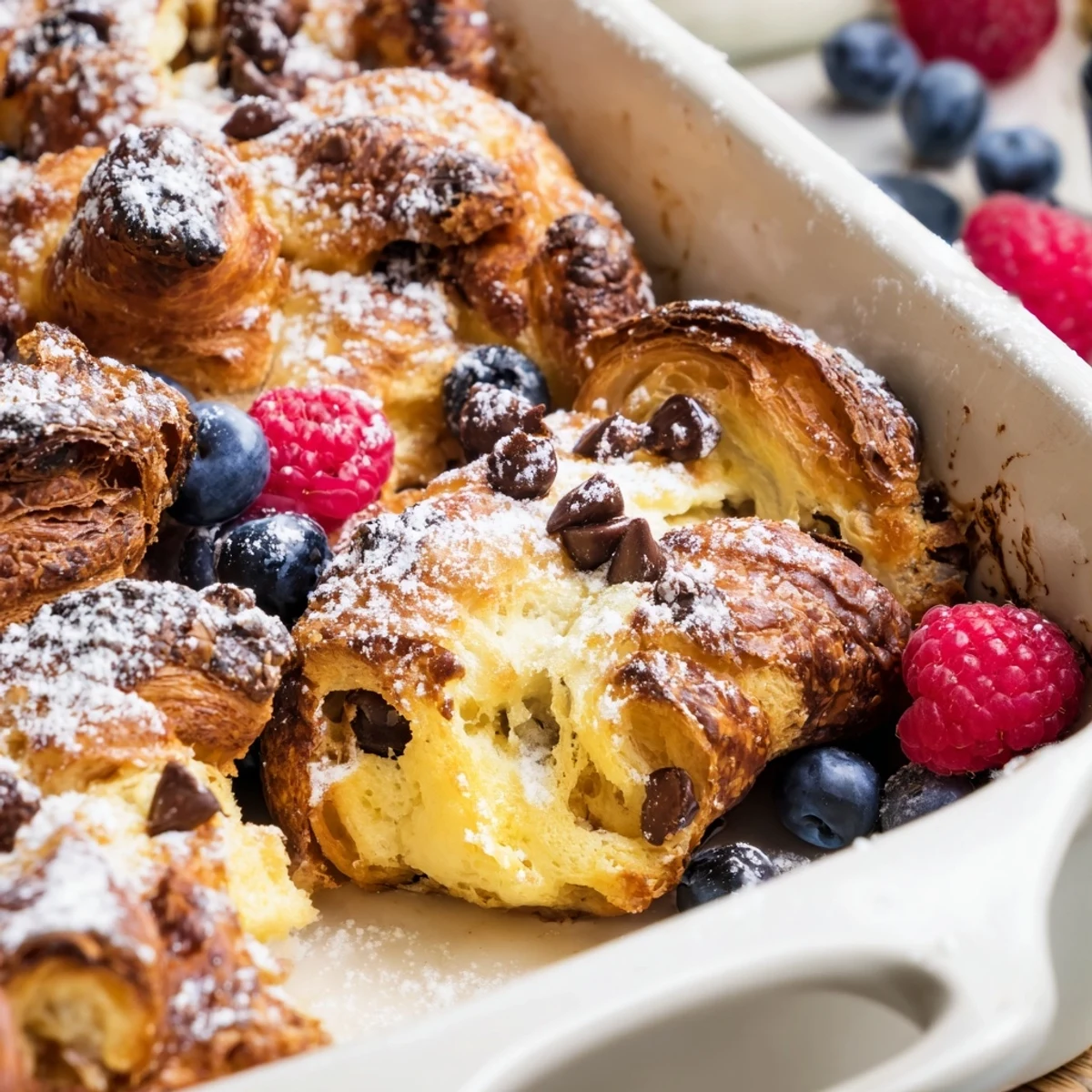 Golden chocolate croissant breakfast bake with melted chocolate chips and buttery pastry layers