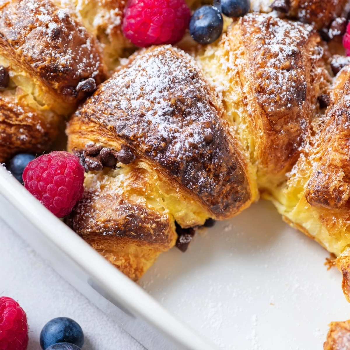 Decadent chocolate croissant breakfast bake casserole dusted with powdered sugar and fresh berries