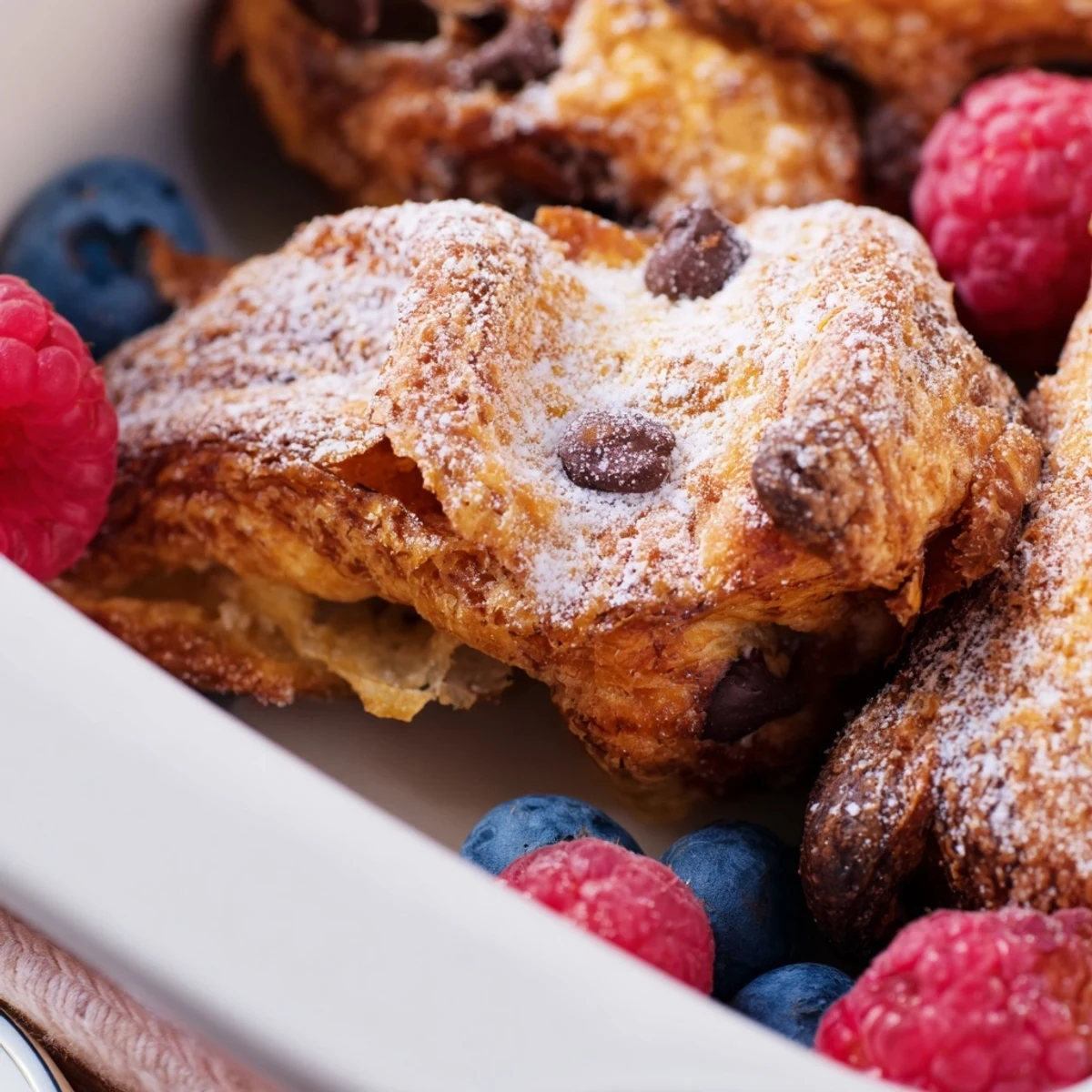 Warm chocolate croissant breakfast bake served with custard soaked croissant pieces and chocolate chunks