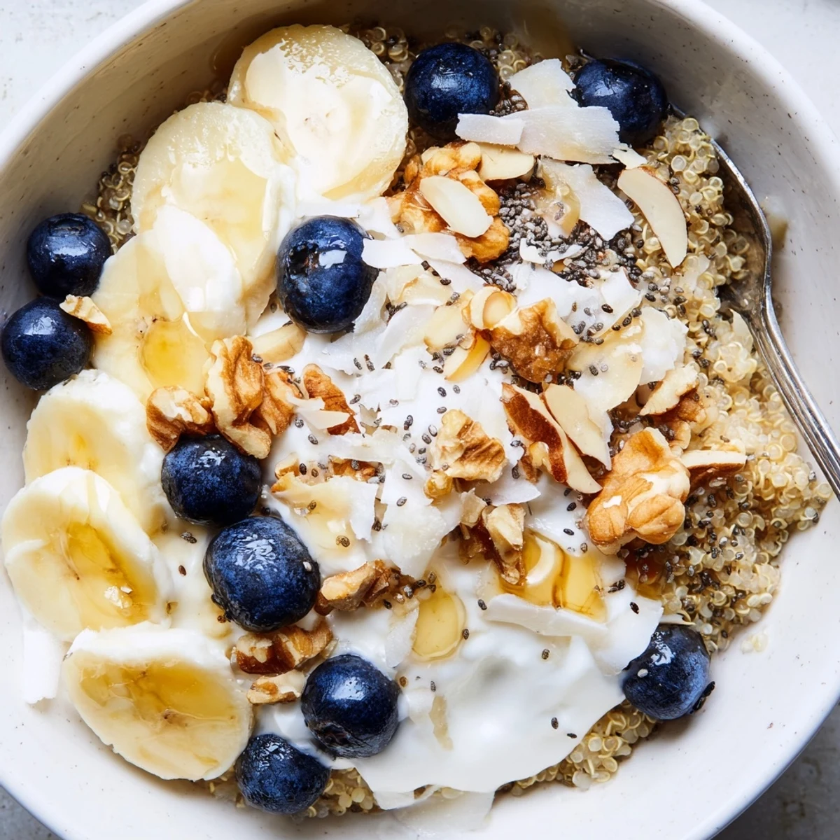 Golden quinoa breakfast bowl piled high with juicy blueberries, sliced banana, and chia seeds
