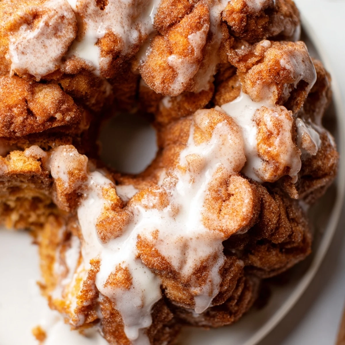 Golden high protein no sugar monkey bread with cinnamon coating drizzled with vanilla glaze