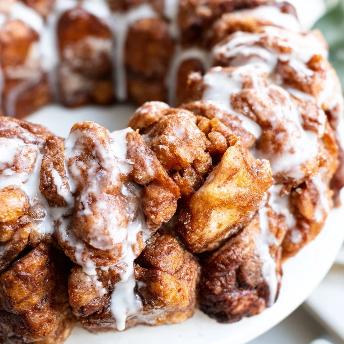 Bundt pan of warm high protein no sugar monkey bread topped with creamy white glaze