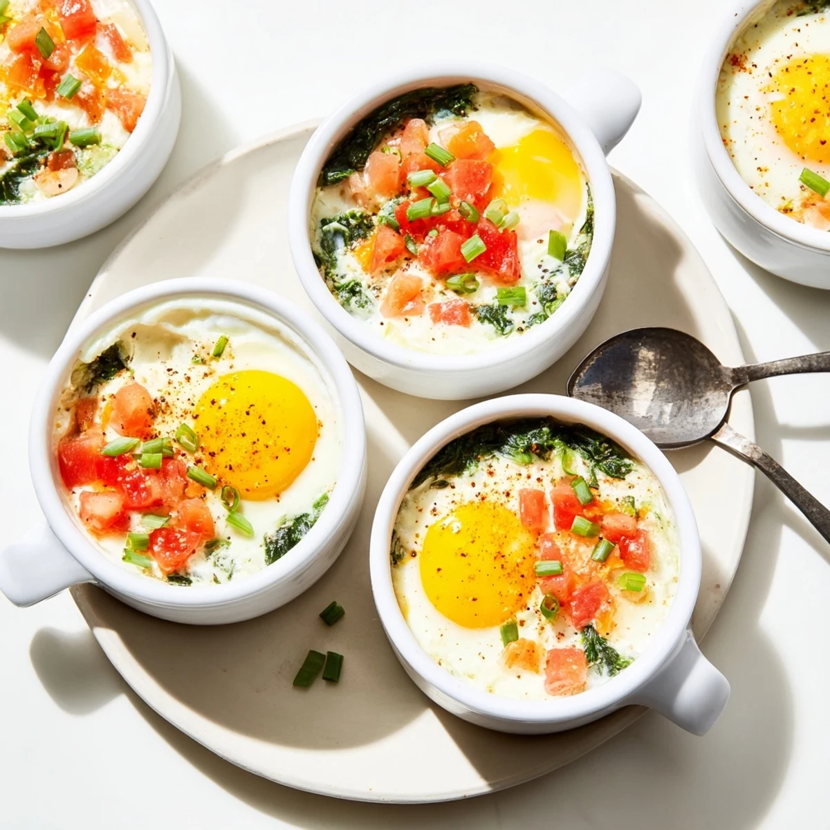 Golden baked cottage cheese eggs with melted cheese topping served in individual ramekins with fresh spinach and scallions