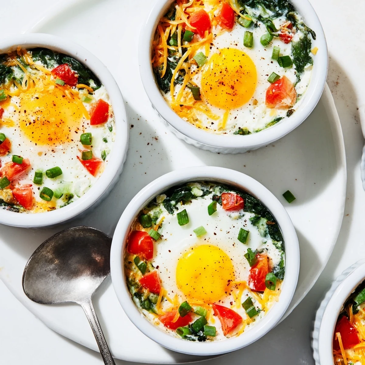 Creamy cottage cheese breakfast bake featuring perfectly cooked eggs seasoned with paprika and black pepper in small ceramic dishes