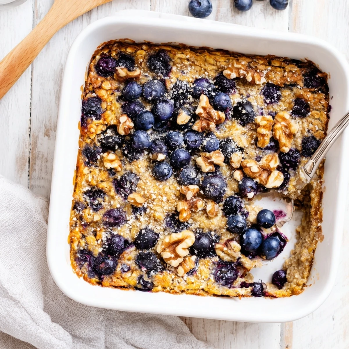 Golden lemon blueberry baked oatmeal with juicy berries bursting throughout tender oats