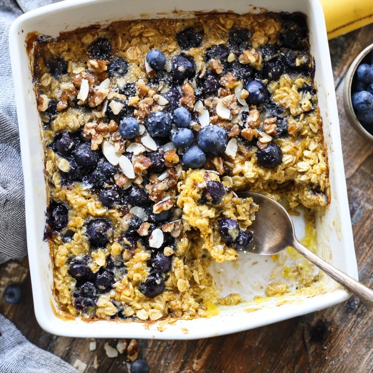 Warm breakfast dish of lemon blueberry baked oatmeal sprinkled with coconut sugar topping