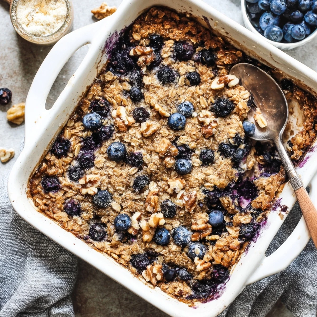 Hearty baked oatmeal featuring fresh blueberries and bright lemon zest in a square baking dish